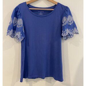 Talbots Shirt Short Puff Sleeve Purple White Eyelet Size Large Petite LP